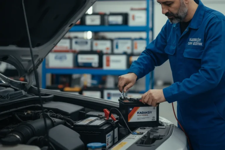 Lokma anahtarı ile araba aküsü kutup başını doğru sırayla söken bir teknisyen.