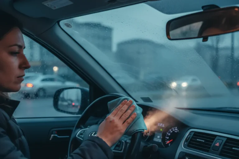 Arabanın buğulanan ön camını temizleyen bir sürücü.