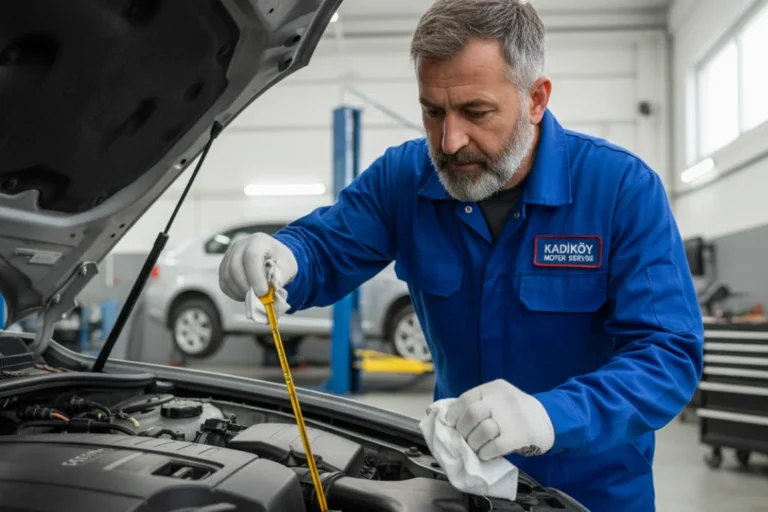 Bir tamirci araba motoru yağ seviye çubuğunu kontrol ediyor.